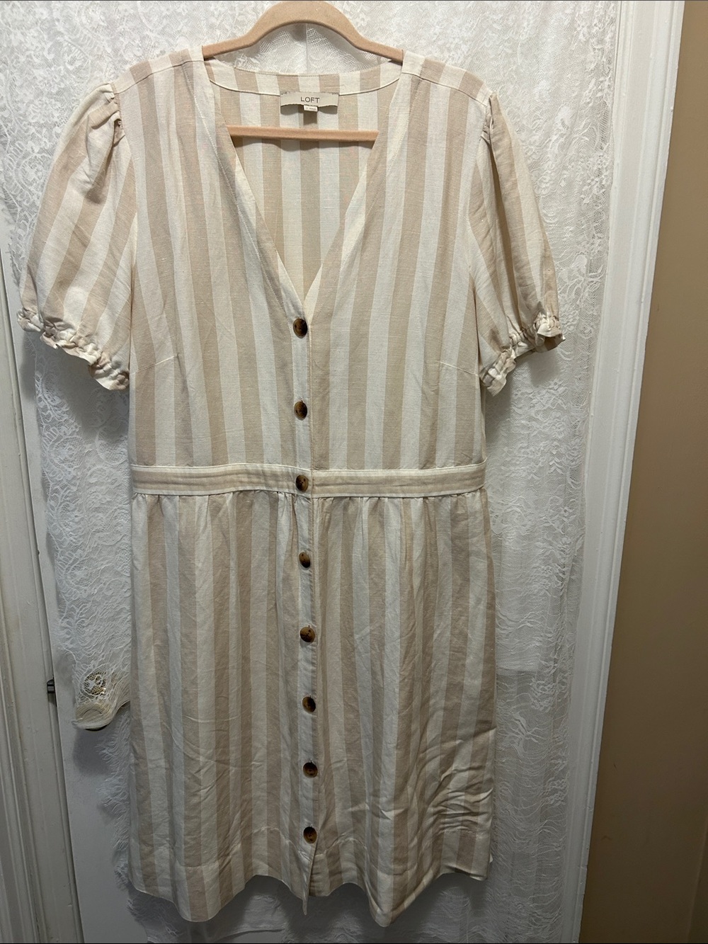 LOFT Cream and Beige Striped Button-Down Midi Dress